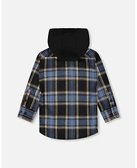 Deux par Boy Long Sleeve Hooded Flannel Shirt Blue and Black