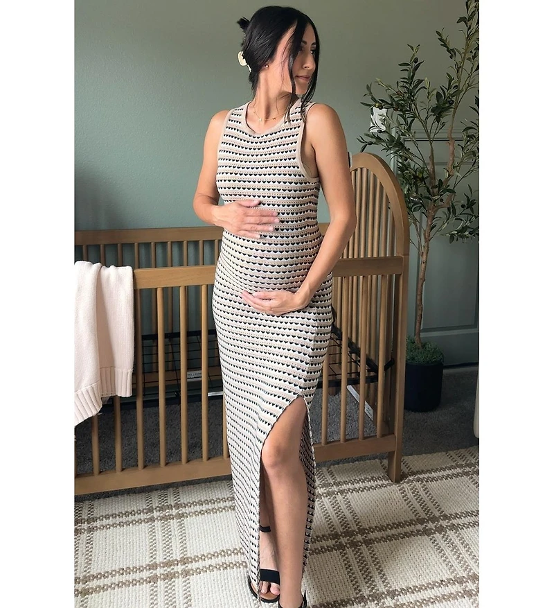 Pinkblush Maternity Beige Striped Knit Fitted Sleeveless Maxi Dress
