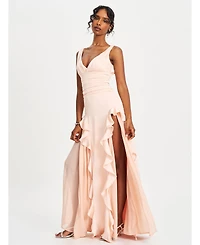 Miss Circle Women Talyssa Baby Pink Ruched Waist Double High Slit Maxi Gown
