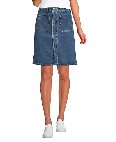 Lands' End Women's Soft Denim Mid Rise Button Through Above the Knee Skirt