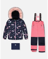 Deux par Toddler Girls Two-Piece Play Snowsuit with Printed Jacket and Solid Pant Candy Pink - Toddler|Child