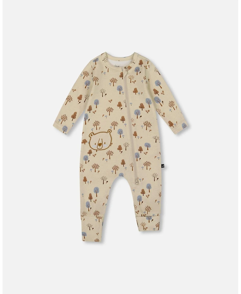 Deux par Deux Baby Boy Cotton Zipped Romper Beige Tree Print - Baby