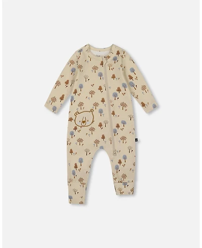 Deux par Deux Baby Boy Cotton Zipped Romper Beige Tree Print - Baby