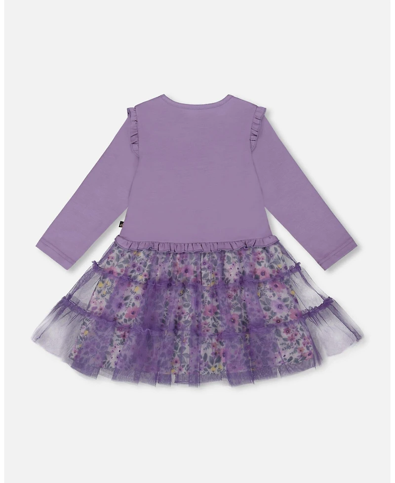 Deux par Baby Girls Bi-Material Dress with Muslin and Mesh Skirt Purple Gray