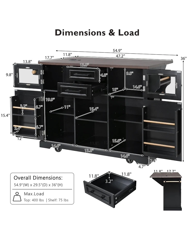 Casainc 54.9" Kitchen Island with Drop Leaf, Power Outlet, Storage Cart Glass & Barn Doors, 4 Shelves&Wheels (No Stools)