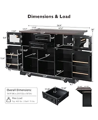 Casainc 54.9" Kitchen Island with Drop Leaf, Power Outlet, Storage Cart Glass & Barn Doors, 4 Shelves&Wheels (No Stools)