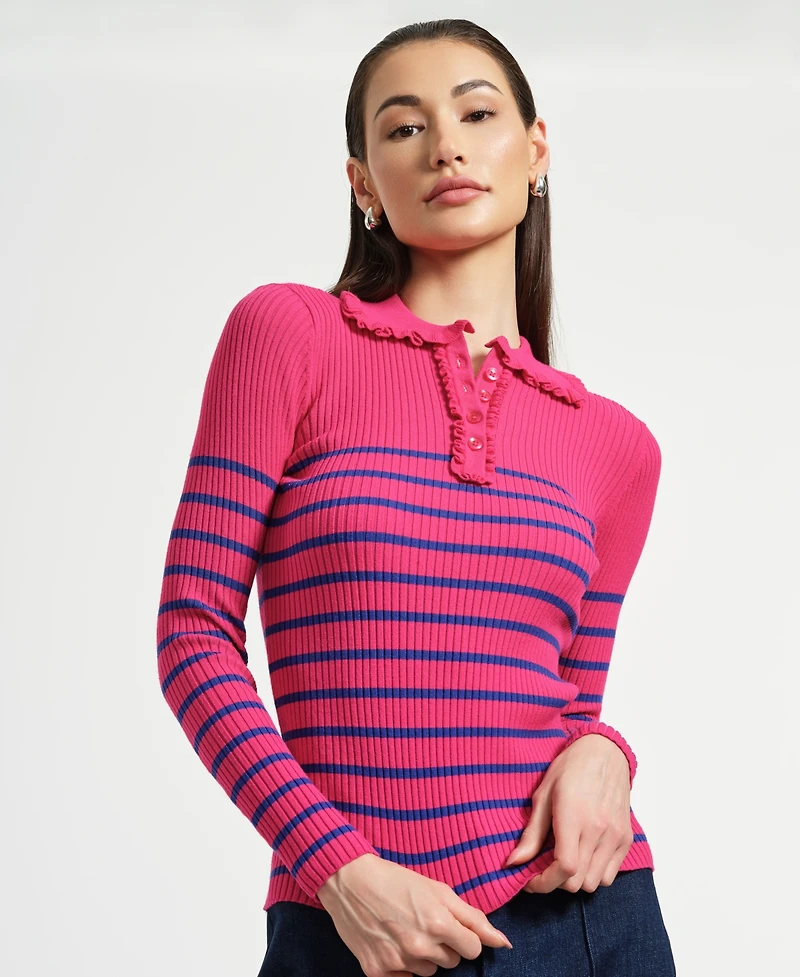 Isaac Mizrahi Women's Ruffle Neck Henley Sweater