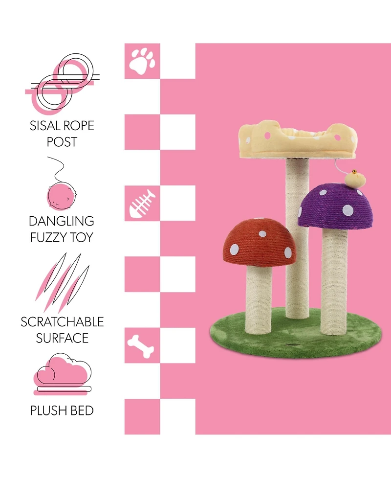 The Licker Store Pixie 22.5" 3-Tier Cottage Sisal Mushroom Cat Tree with Scratching Posts, Napping Perch, and Dangling Bell Toy, Multi
