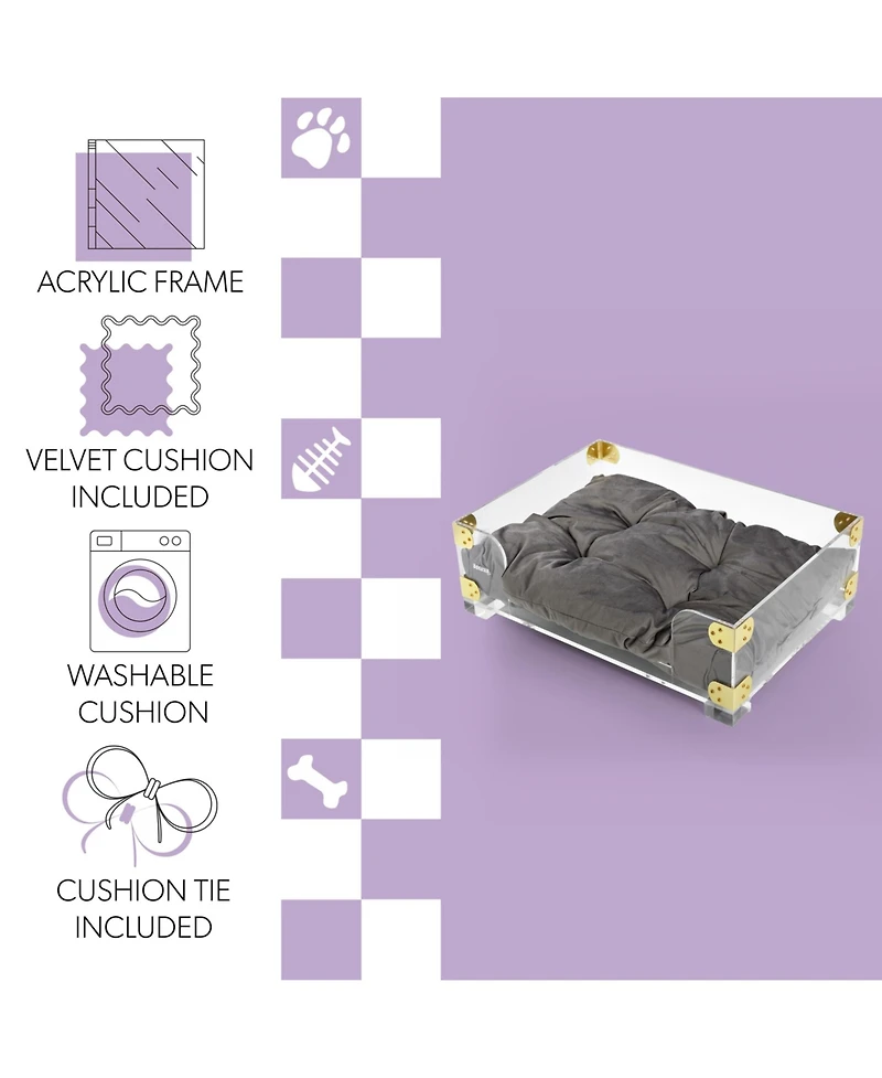 Haines 21.5" x 15.25" Small/Medium Modern Acrylic Velvet Pet Bed with Washable Cushion, Dark Gray/Clear
