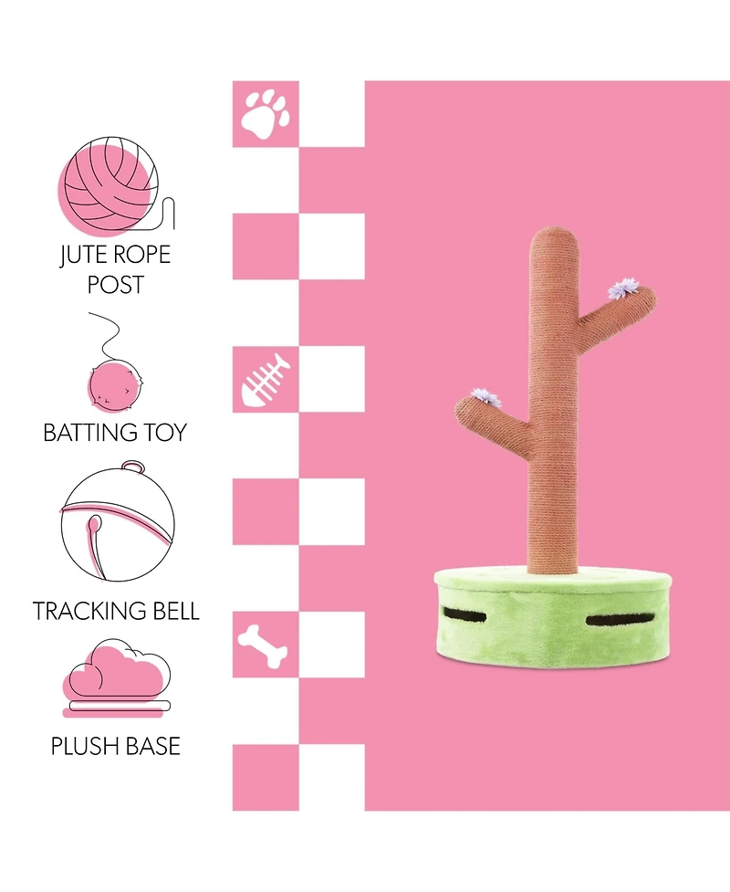 The Licker Store Rosa 36" Modern Jute Cactus Cat Scratching Post with Flower Toys and Built-In Bell Toys, Pink/Green