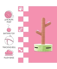 The Licker Store Rosa 36" Modern Jute Cactus Cat Scratching Post with Flower Toys and Built-In Bell Toys, Pink/Green