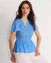 Lands' End Women's Short Sleeve Mixed Media Eyelet Top