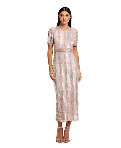 Mac Duggal Women's High Neck Short Sleeve Crystal Fringe Column Dress