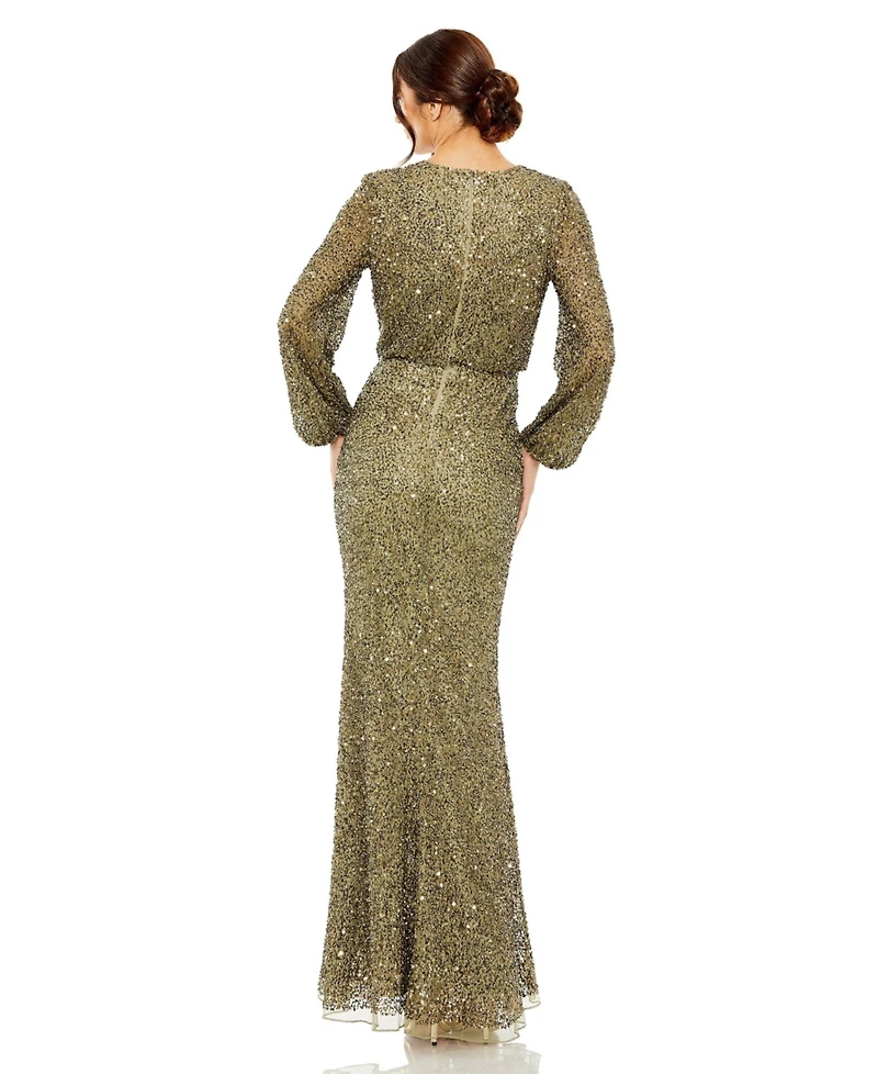 Mac Duggal Women's High Neck Long Sleeve Beaded Blouson Gown