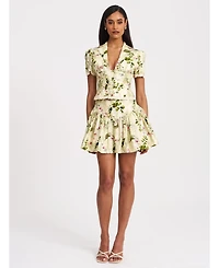 Miss Circle Women Zanella Green Floral Print Lace Trim Linen Top