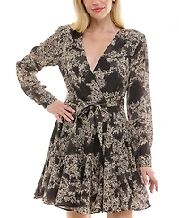Taylor Women's Long-Sleeve Jacquard A-Line Wrap Dress