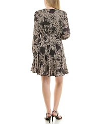 Taylor Women's Long-Sleeve Jacquard A-Line Wrap Dress