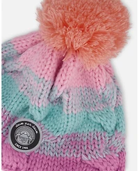 Deux par Baby Girl Lined Peruvian Knit Pompom Hat Pink, Orange and Turquoise 