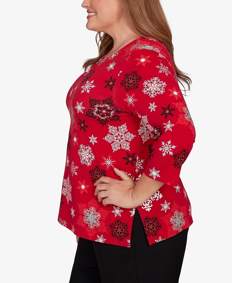 Alfred Dunner Plus Classic Embellished Snowflake Pleated Neck Top