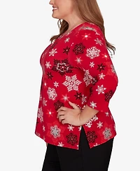 Alfred Dunner Plus Classic Embellished Snowflake Pleated Neck Top