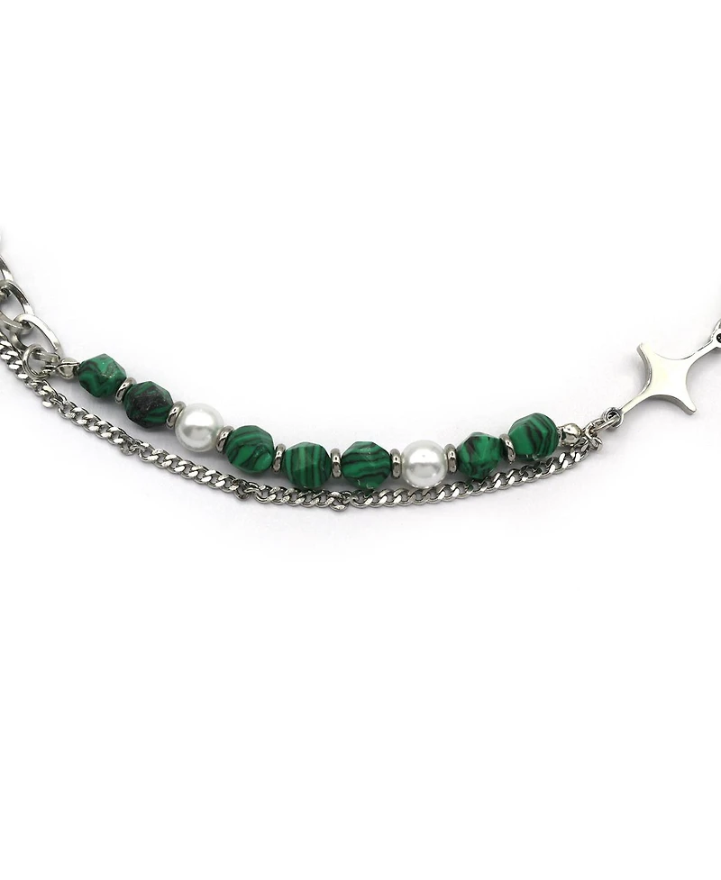 Rebl Jewelry Layered Stainless Steel Green Beaded Neckalce with Star Charms
