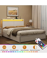 Hausource Full Bed Frame with 4 Drawers, Led Headboard & Charging Station, White Metal