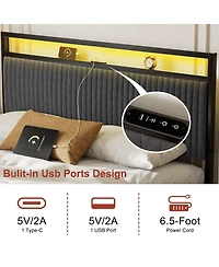 Hausource Upholstered Queen Bed Frame with 2 Storage Drawers, Led Headboard, Usb Ports, Dark Gray
