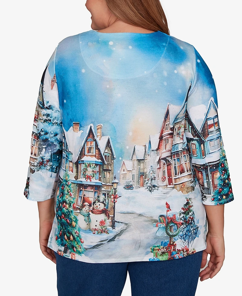 Alfred Dunner Plus Classic Embellished Snow Cabin Village Scene Crew Neck Top