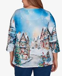 Alfred Dunner Plus Classic Embellished Snow Cabin Village Scene Crew Neck Top