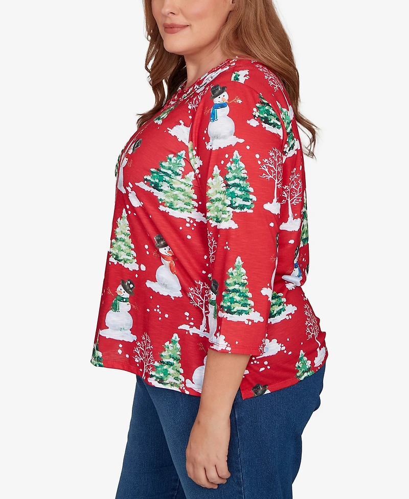 Alfred Dunner Plus Classic Snowmen Printed Crew Neck Top