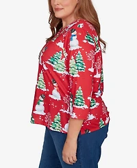 Alfred Dunner Plus Classic Snowmen Printed Crew Neck Top