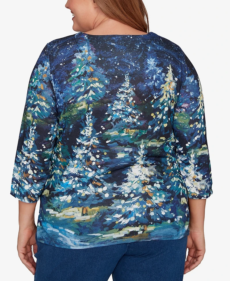 Alfred Dunner Plus Classic Starry Night Holiday Tree Crew Neck Top