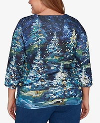 Alfred Dunner Plus Classic Starry Night Holiday Tree Crew Neck Top