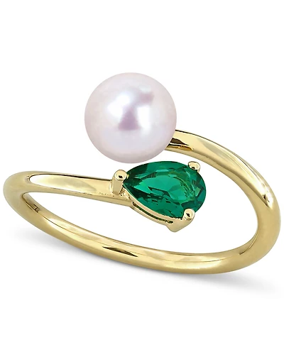 Cultured Freshwater Pearl & Lab-Created Emerald Ring (3/8 ct. t.w.) 18k Gold-Plated Sterling Silver
