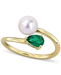 Cultured Freshwater Pearl & Lab-Created Emerald Ring (3/8 ct. t.w.) 18k Gold-Plated Sterling Silver