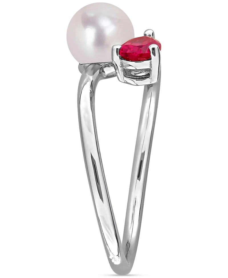 Cultured Freshwater Pearl (6mm) & Lab Grown Ruby (5/8 ct. t.w.) Bypass Ring Sterling Silver