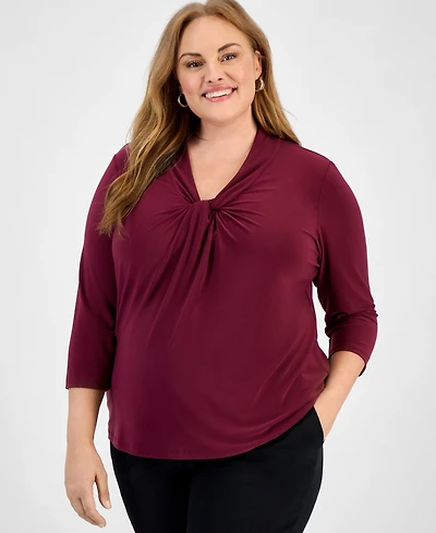 Kasper Plus Twist-Neck 3/4-Sleeve Top