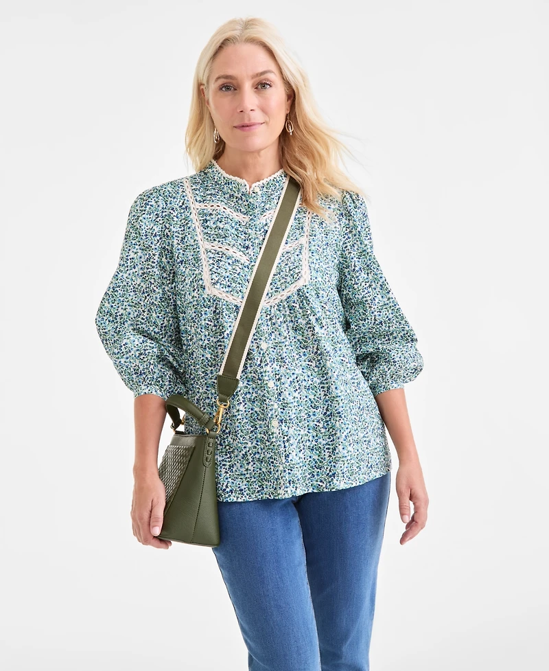 Style & Co Women's Printed Cotton Lace-Trim Blouse, Macy's Exclusive