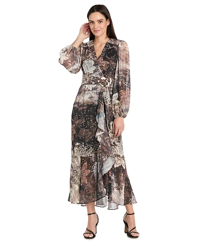 R & M Richards Women's Chiffon Surplice-Neck Midi Dress