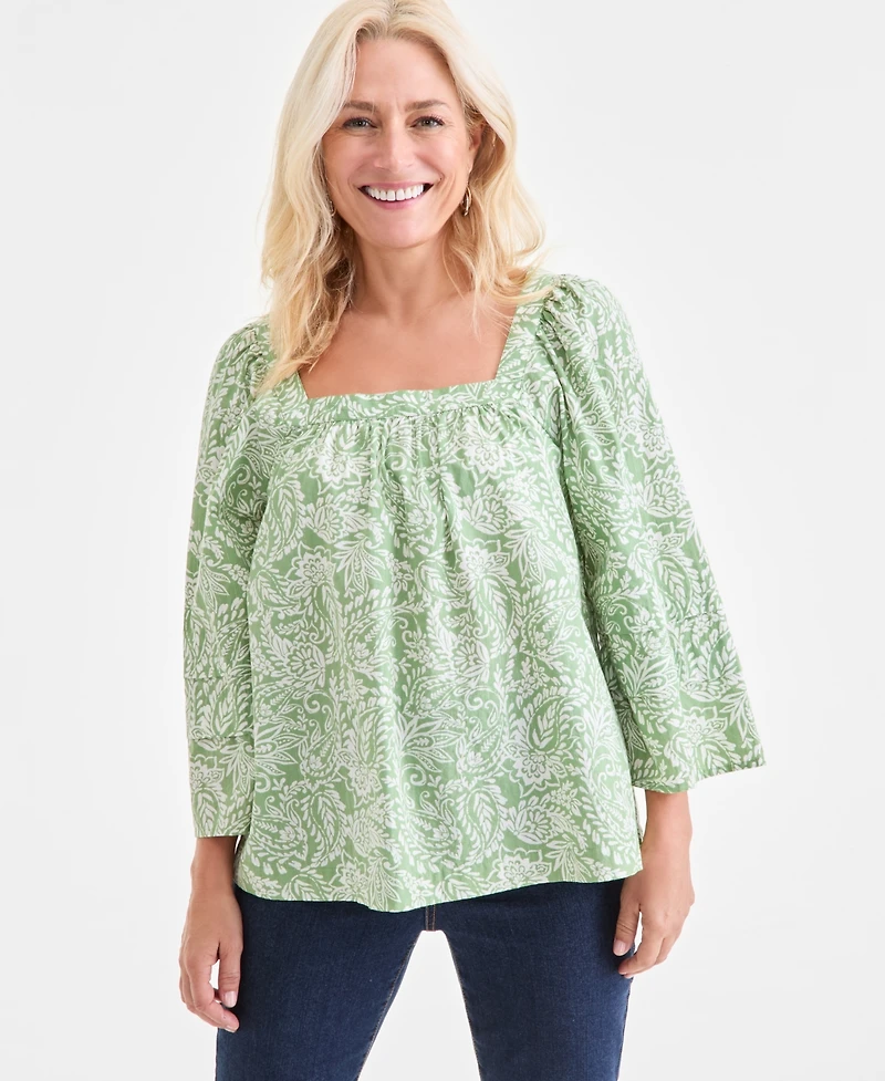Style & Co Women's Printed Square-Neck 3/4-Sleeve Top, Macy's Exclusive
