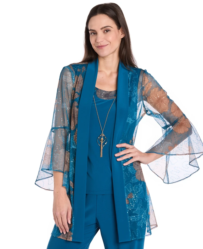 R & M Richards Women's Foil-Lace Jacket Pants Set