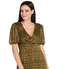R & M Richards Women's Satin Metallic Stripe Puff-Sleeve Dress