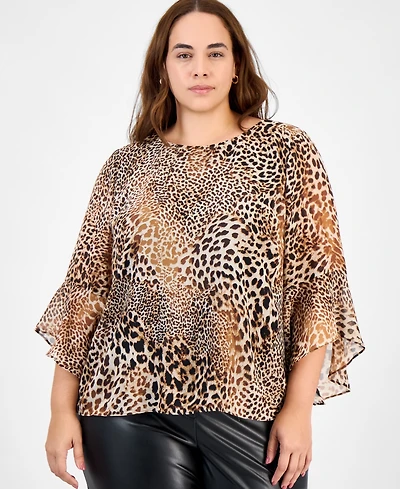 Kasper Plus Animal Print Ruffle-Sleeve Blouse