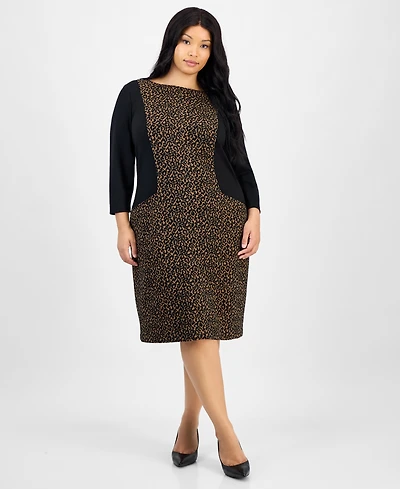 Kasper Plus Animal Print 3/4-Sleeve Sheath Dress