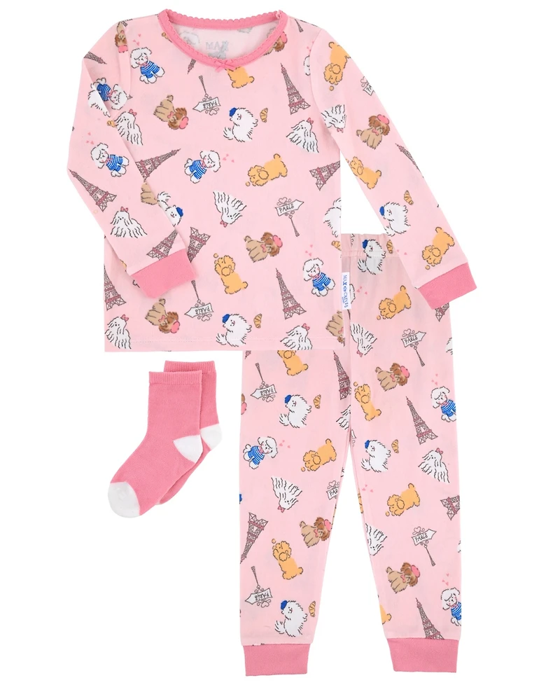 Max & Olivia Baby and Toddler Girls 2-Piece Paris Puppies Pajama with Socks Set