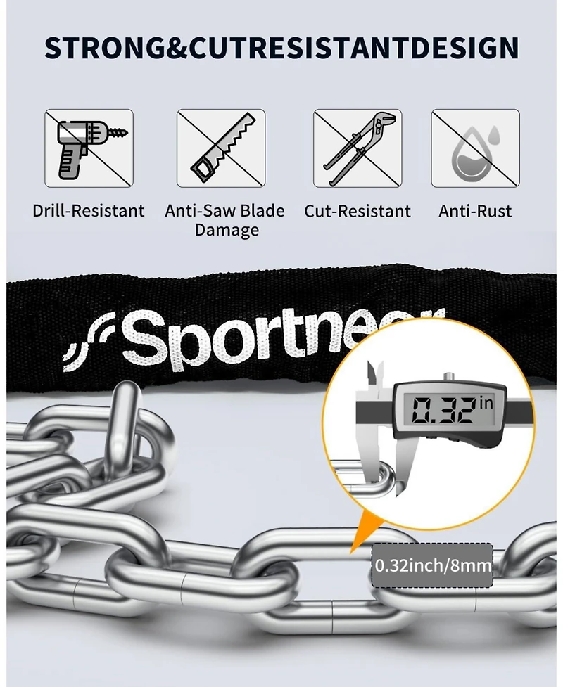 Sportneer Bike Lock: 8mm Thick High Security Anti Theft Bike Chain Lock with 2 Keys