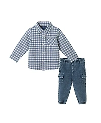 Andy & Evan Infant Boys Grey Check Buttondown and Denim Pant Set
