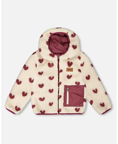 Deux par Girl Reversible Mid-Season Sherpa Jacket Burgundy Heart - Child