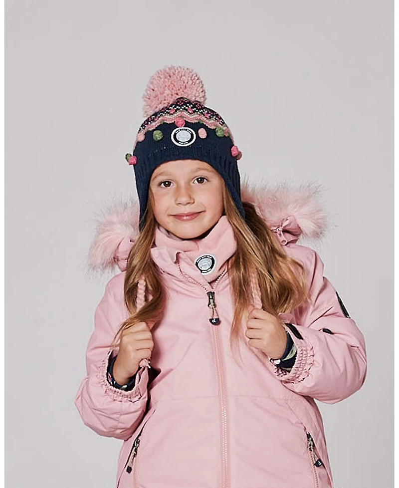 Deux par Girl Lined Peruvian Knit Pompom Hat Navy Blue and Pink - Toddler|Child