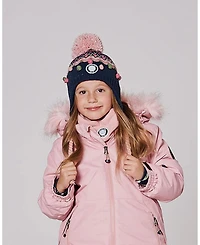 Deux par Girl Lined Peruvian Knit Pompom Hat Navy Blue and Pink - Toddler|Child